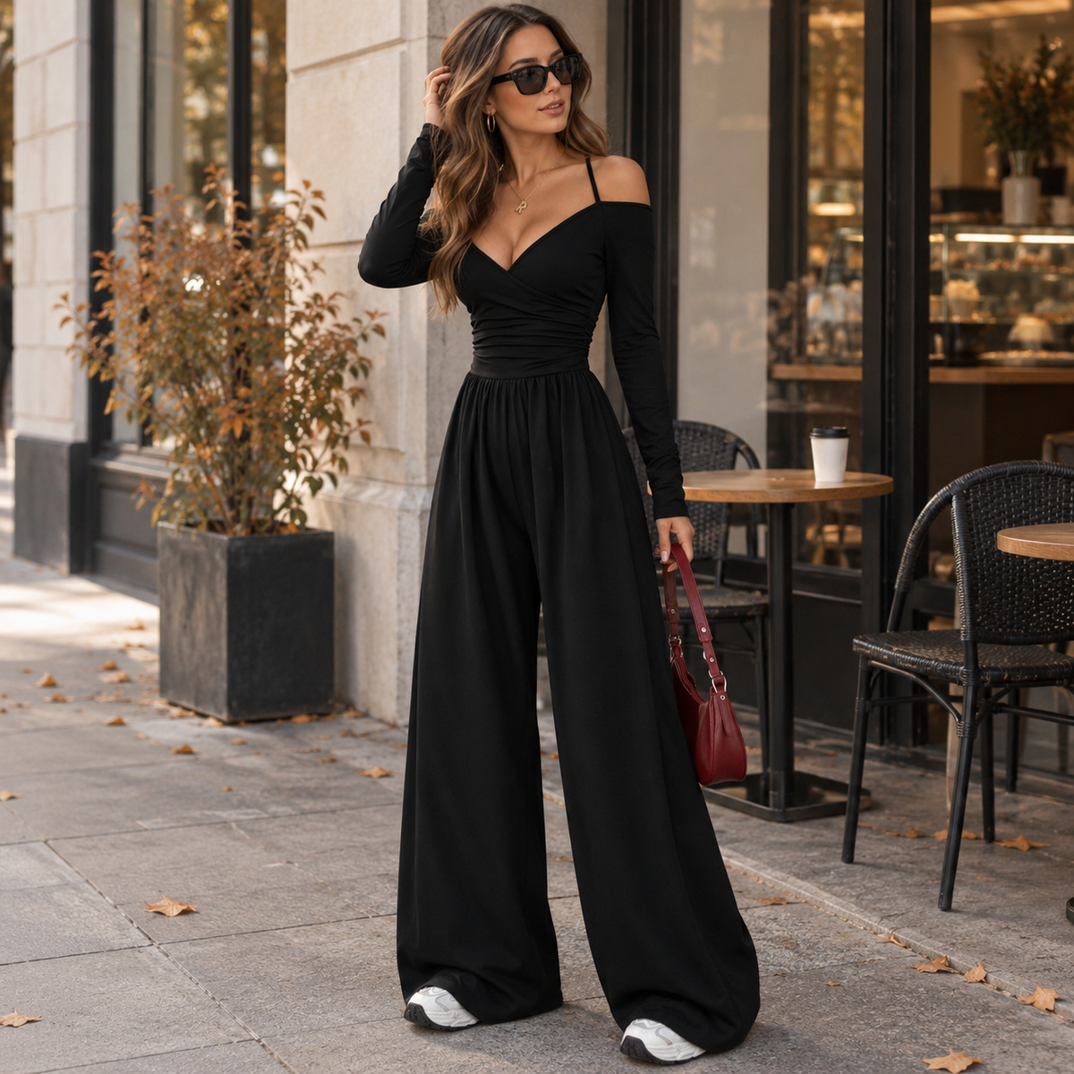 Women's Off Shoulder Pleated Wide Leg Jumpsuit