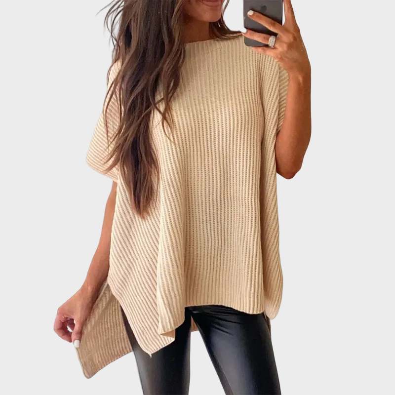Women's Oversized Puff Sleeve Knit Pullover Round Neck Side Slit Casual