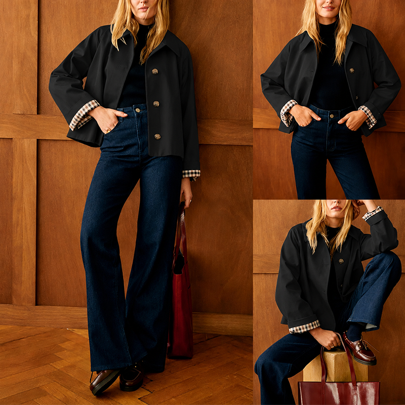 Women's Cropped Trench Coat Oversized Checkered Lining