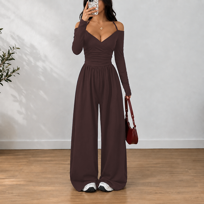 Women's Off Shoulder Pleated Wide Leg Jumpsuit