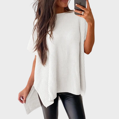 Women's Oversized Puff Sleeve Knit Pullover Round Neck Side Slit Casual