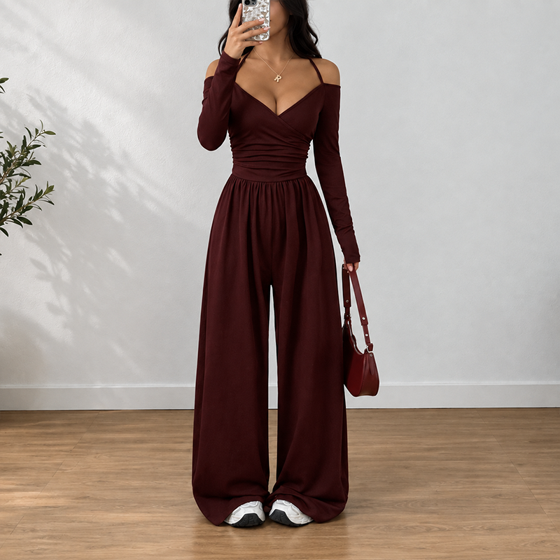 Women's Off Shoulder Pleated Wide Leg Jumpsuit