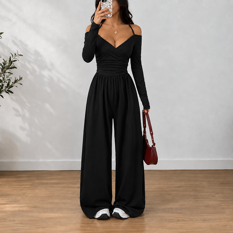 Women's Off Shoulder Pleated Wide Leg Jumpsuit