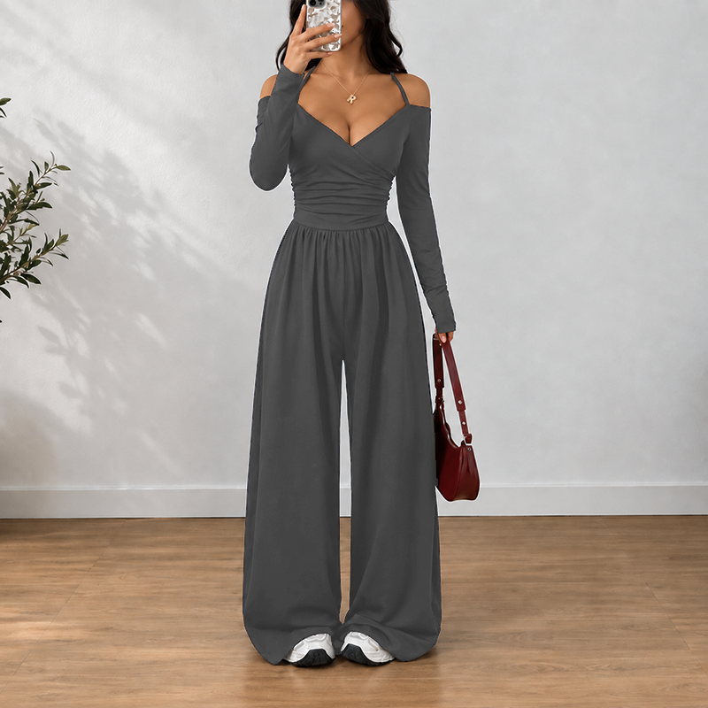 Women's Off Shoulder Pleated Wide Leg Jumpsuit